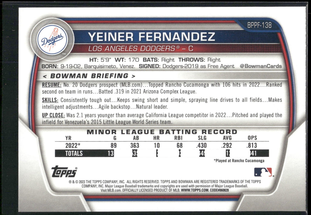 2023 Bowman 1st Edition #BPPF-138 Yeiner Fernandez