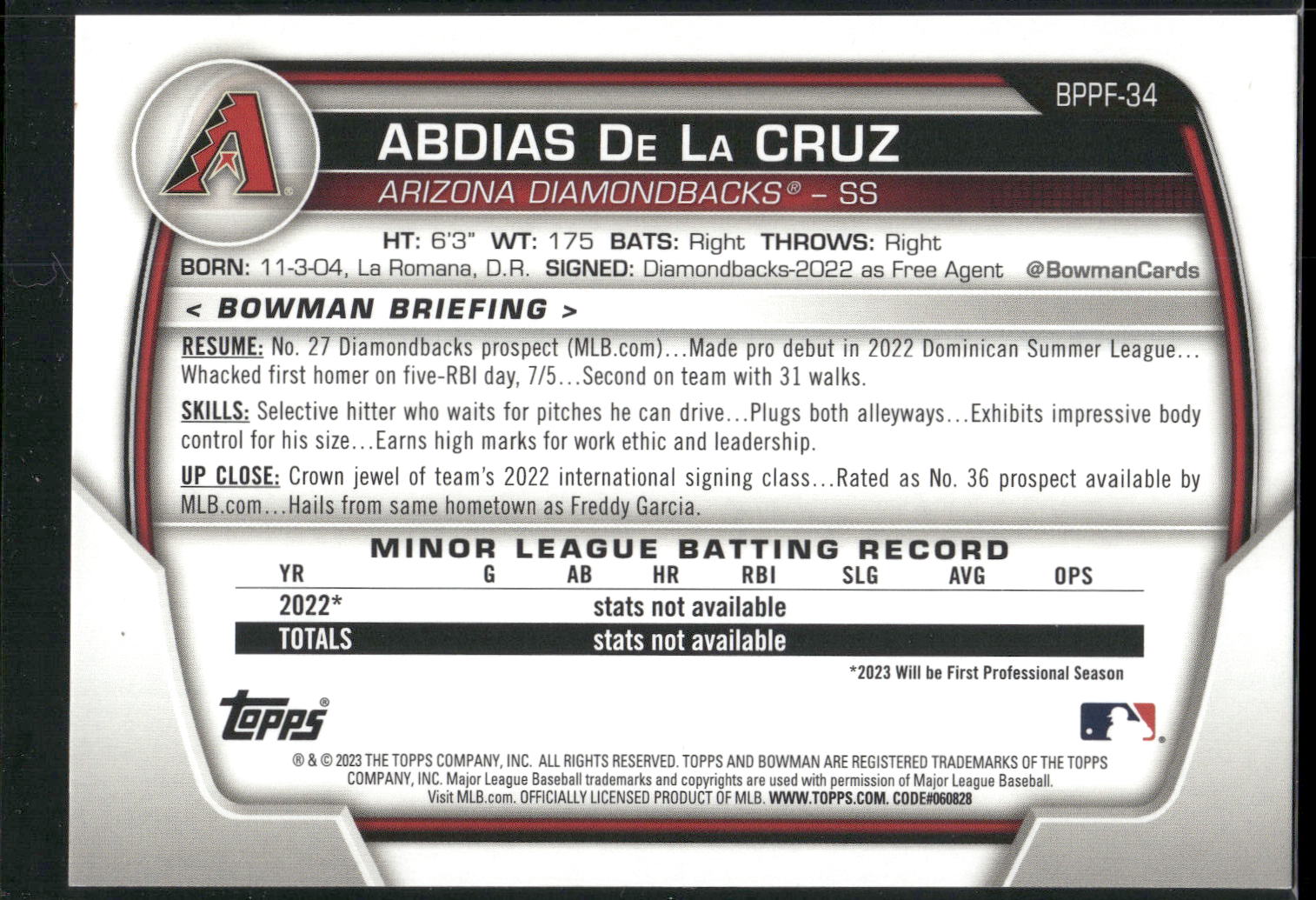 2023 Bowman 1st Edition #BPPF-34 Abdias De La Cruz