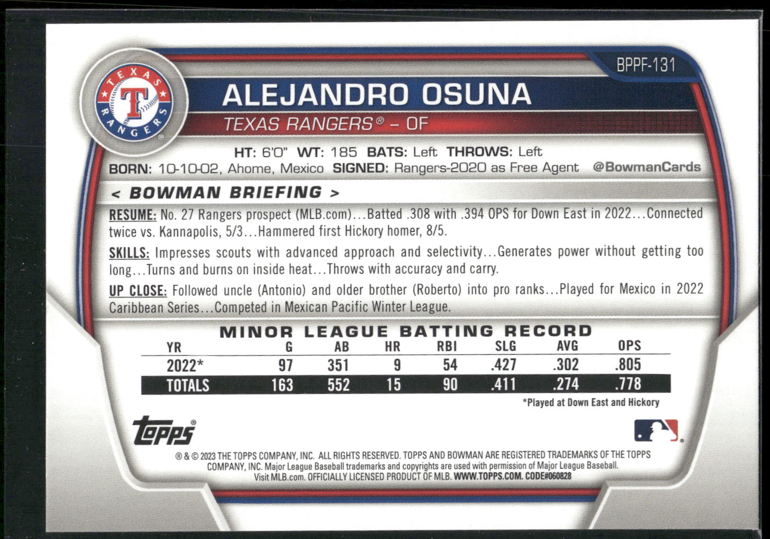 2023 Bowman 1st Edition #BPPF-131 Alejandro Osuna