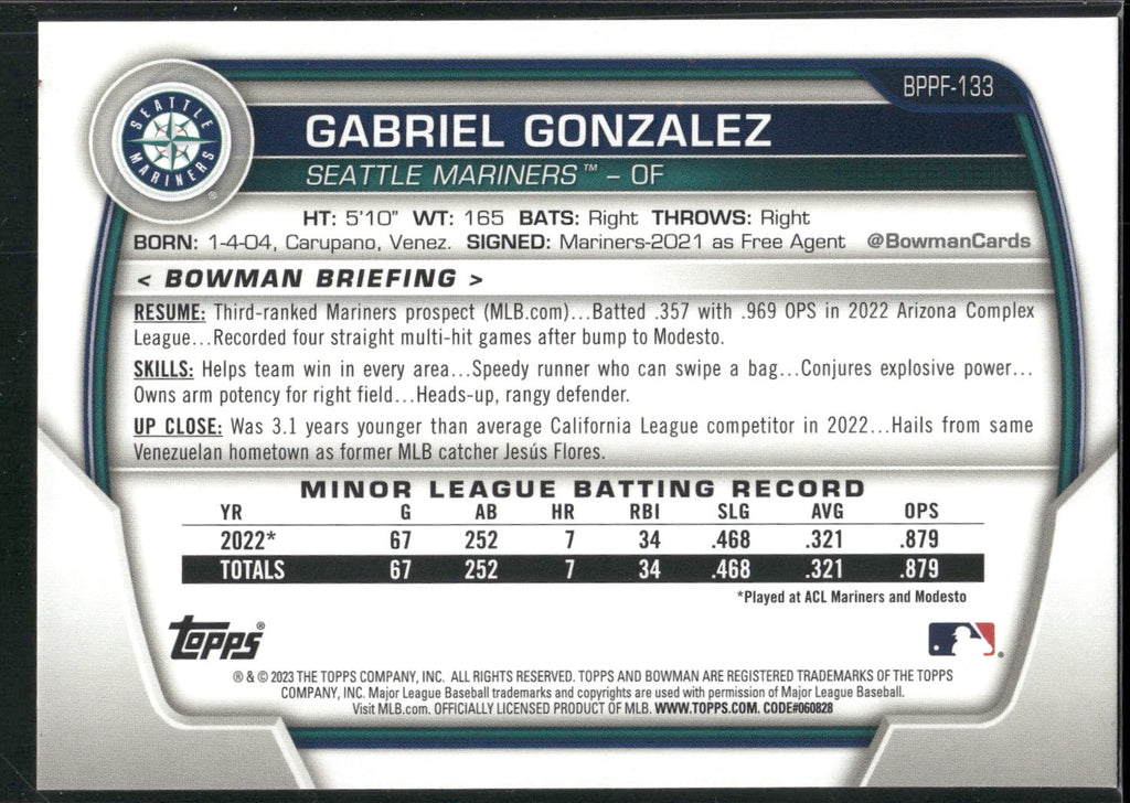 2023 Bowman 1st Edition #BPPF-133 Gabriel Gonzalez