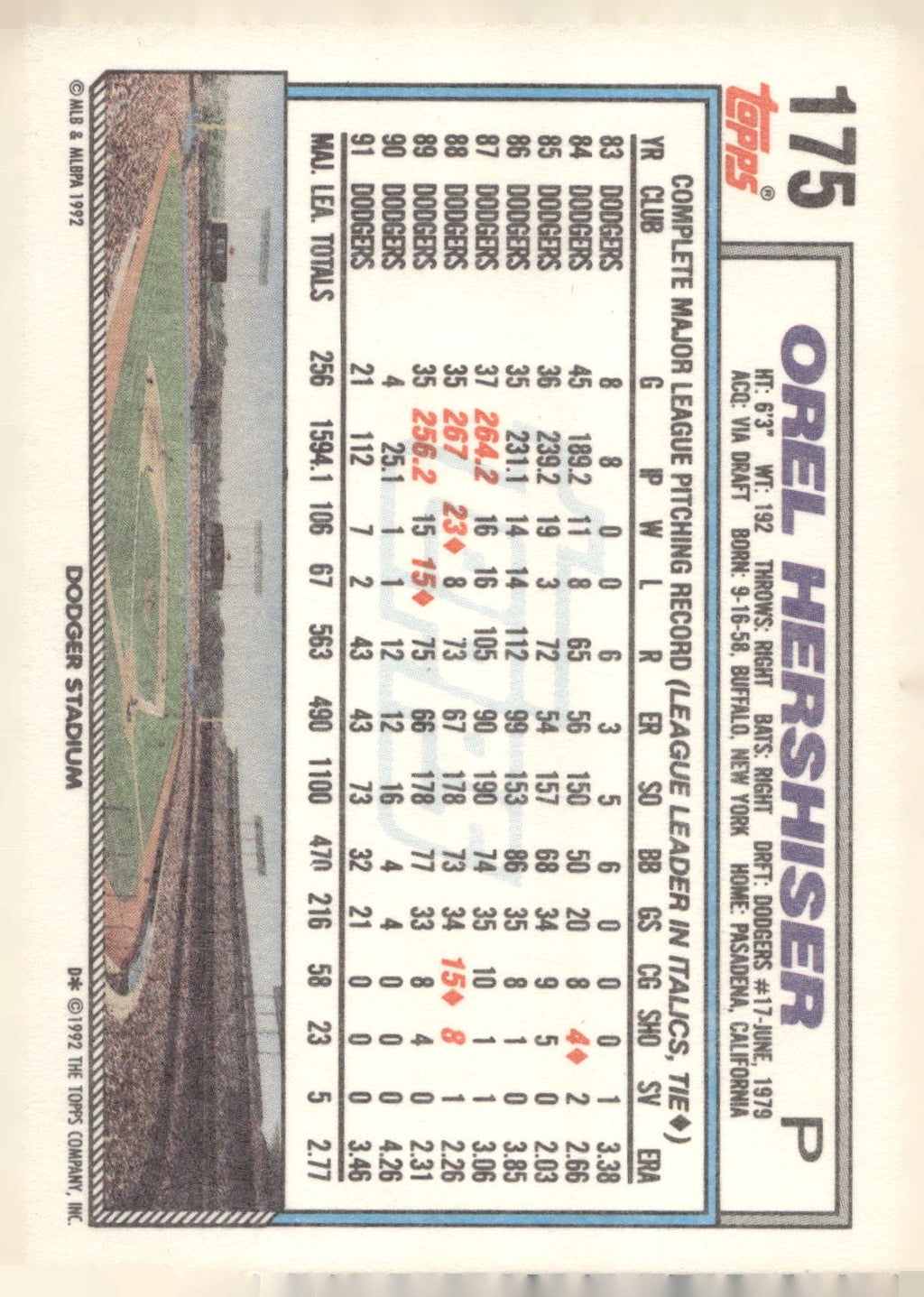 1992 Topps #175 Orel Hershiser