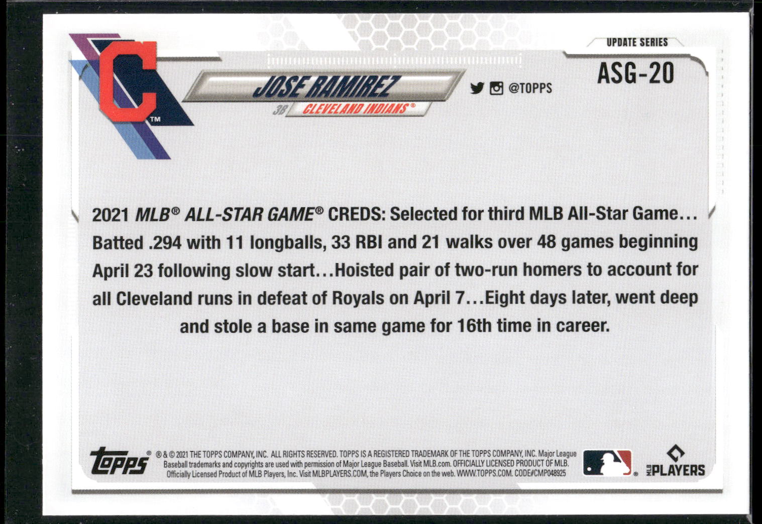 2021 Topps Update #ASG-20 Jose Ramirez 2021 MLB All-Stars