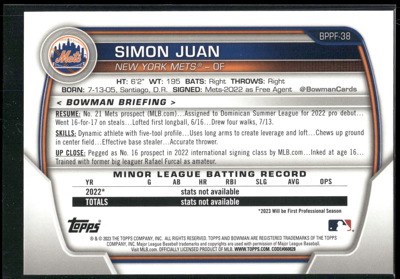 2023 Bowman #BP-38 Simon Juan Prospects