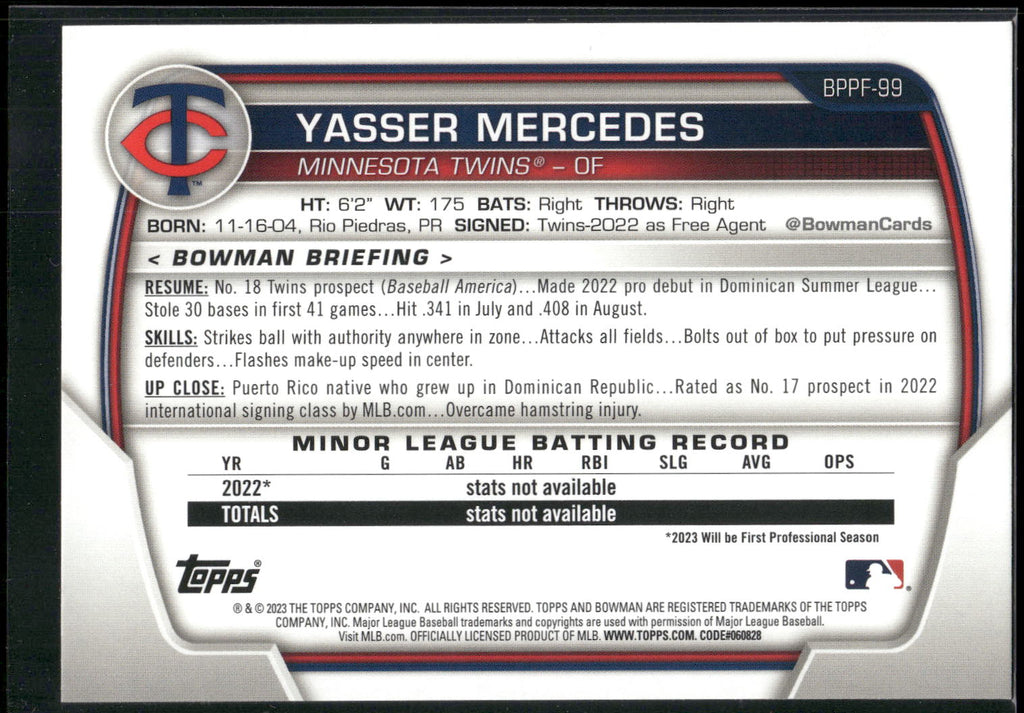 2023 Bowman 1st Edition #BPPF-99 Yasser Mercedes