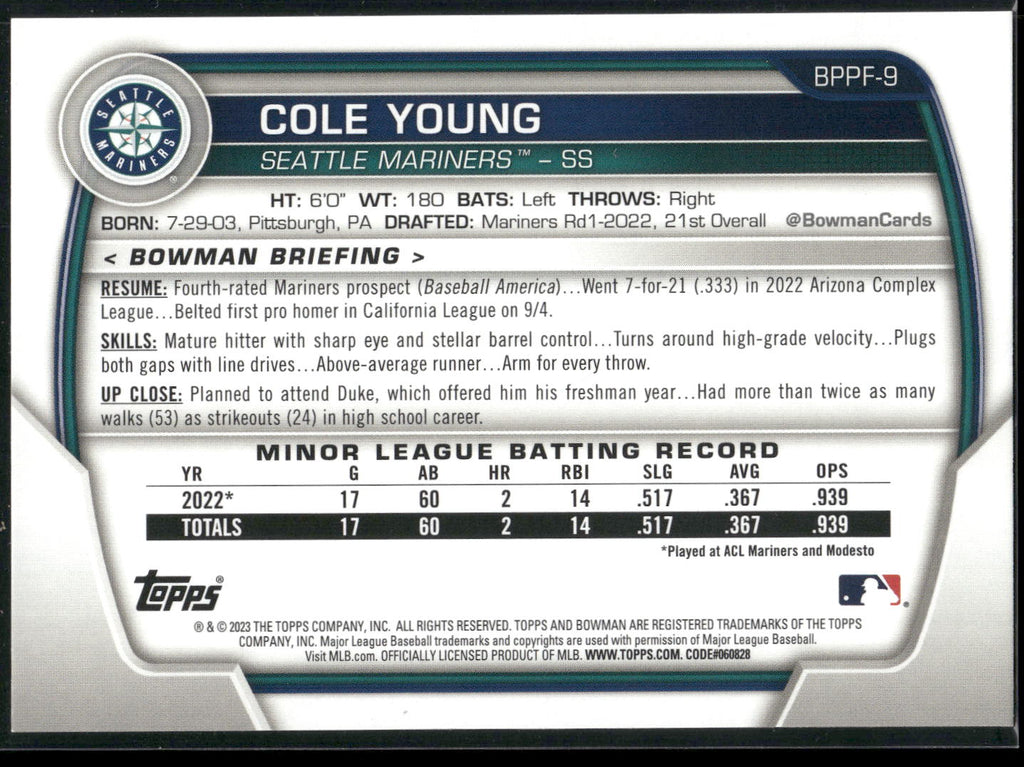 2023 Bowman 1st Edition #BPPF-9 Cole Young