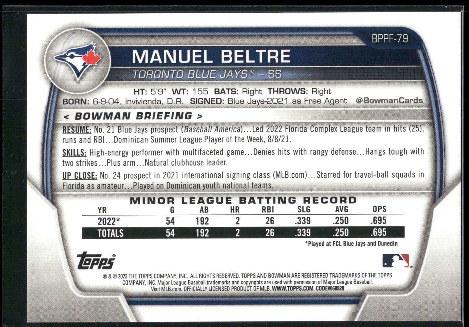 2023 Bowman 1st Edition #BPPF-79 Manuel Beltre