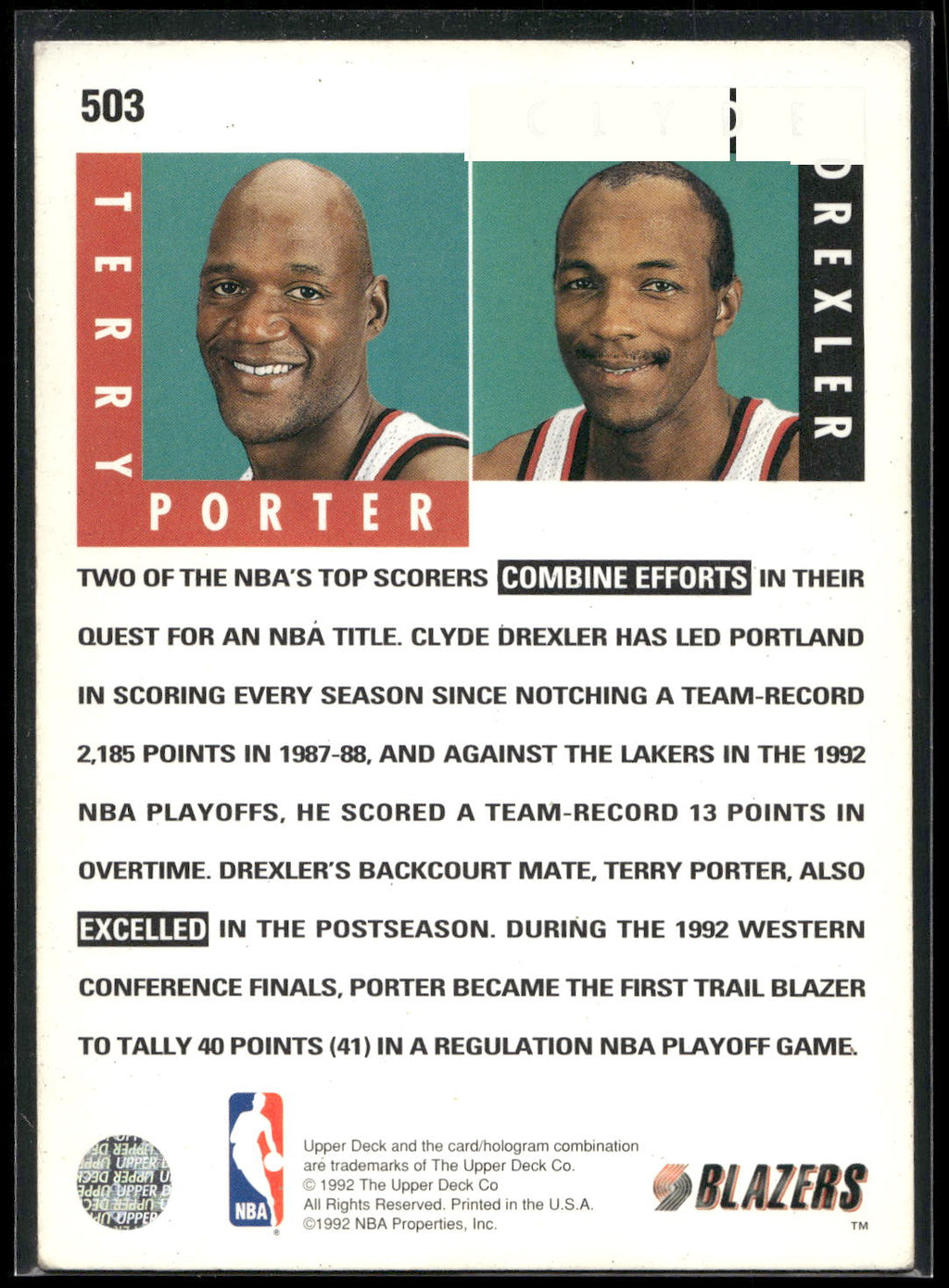 1992-93 Upper Deck #503 Terry Porter / Clyde Drexler