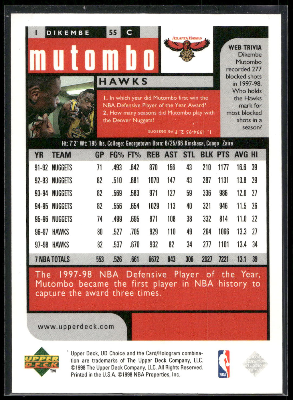 1998-99 UD Choice Preview #1 Dikembe Mutombo