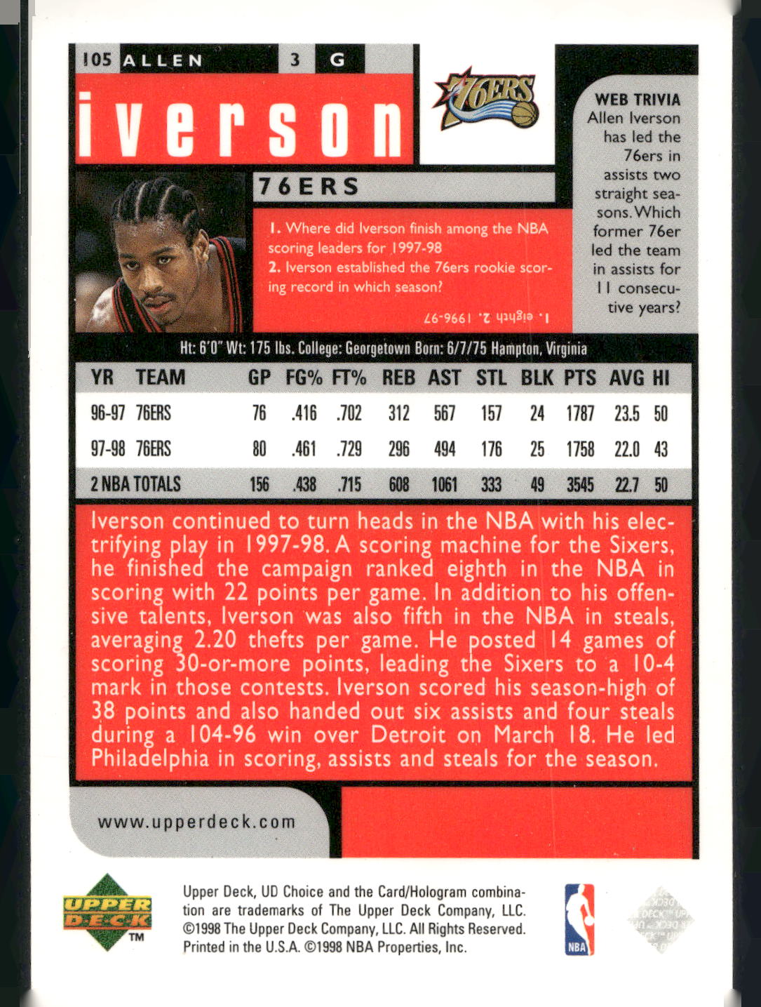 1998-99 UD Choice #105 Allen Iverson