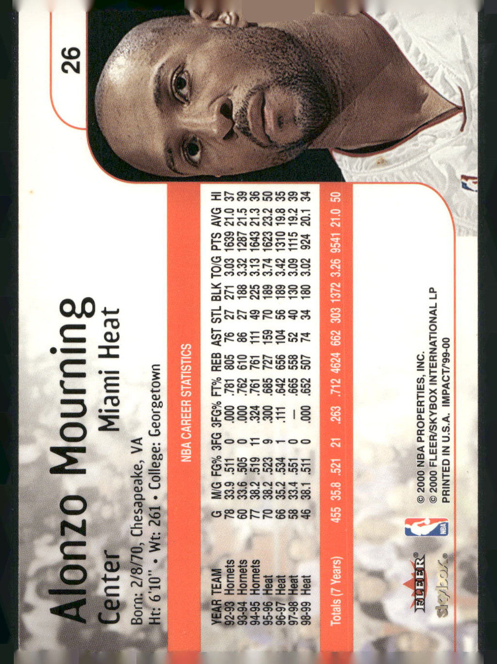 1999-00 SkyBox Impact #26 Alonzo Mourning