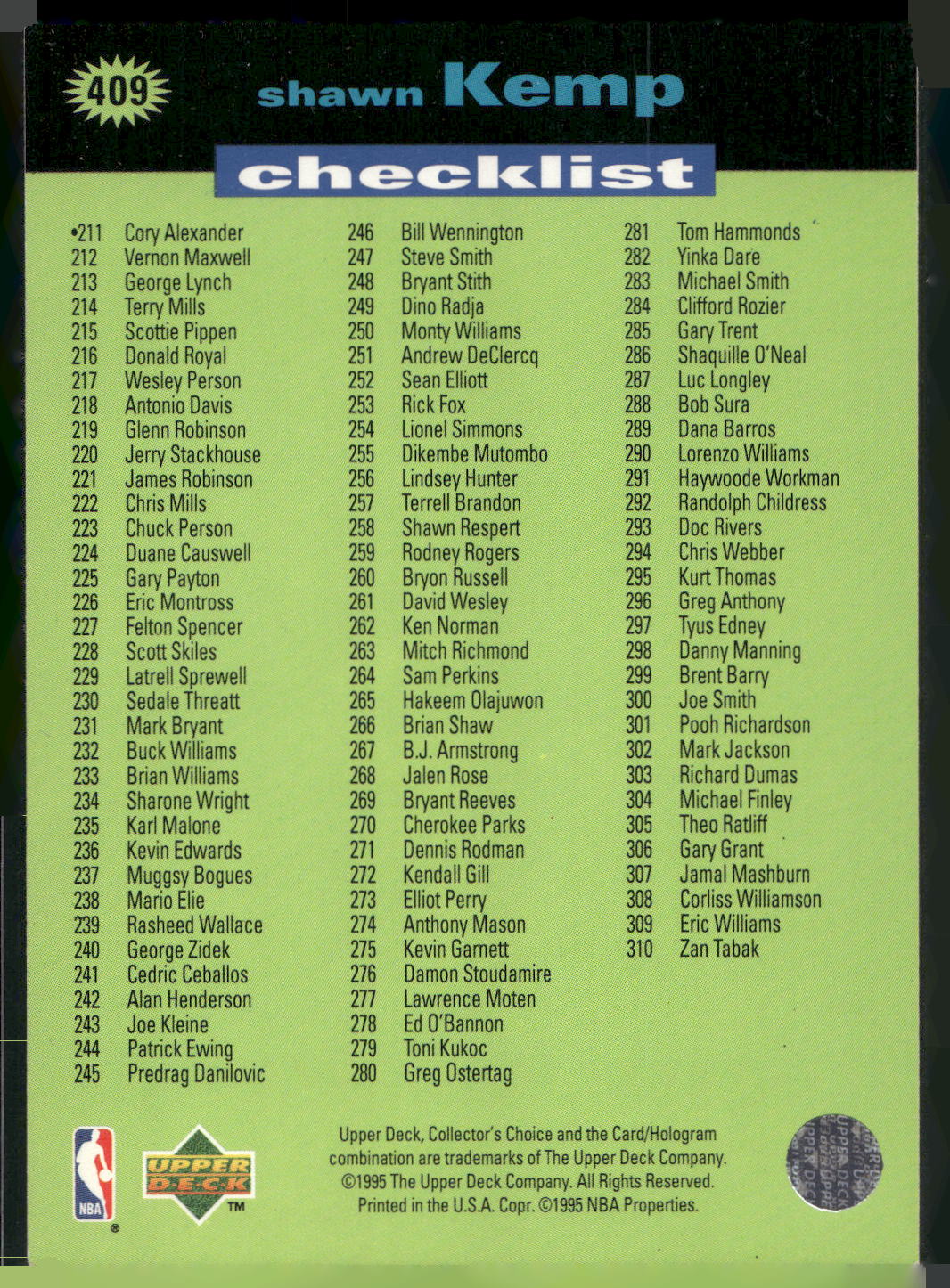 1995-96 Collector's Choice #409 Shawn Kemp