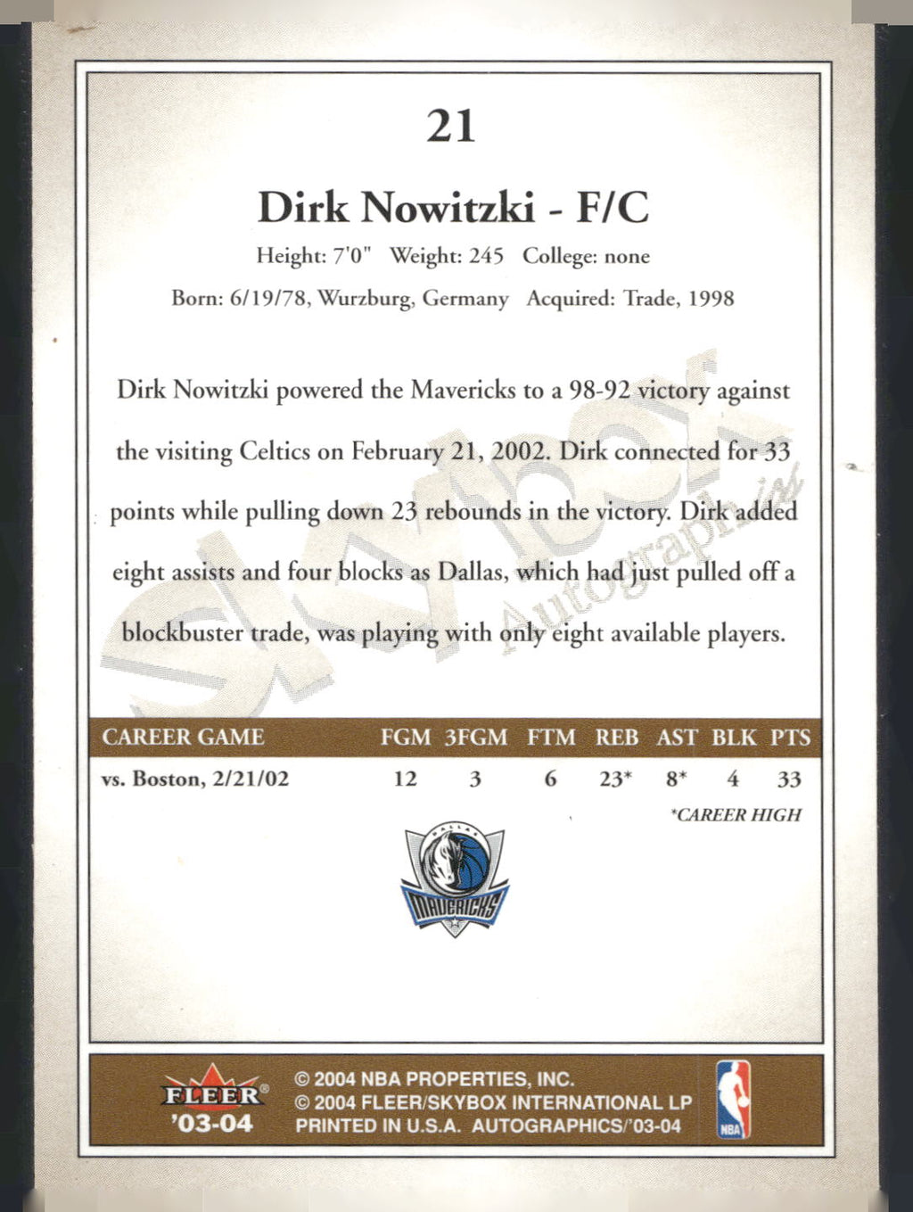 2003-04 SkyBox Autographics #21 Dirk Nowitzki