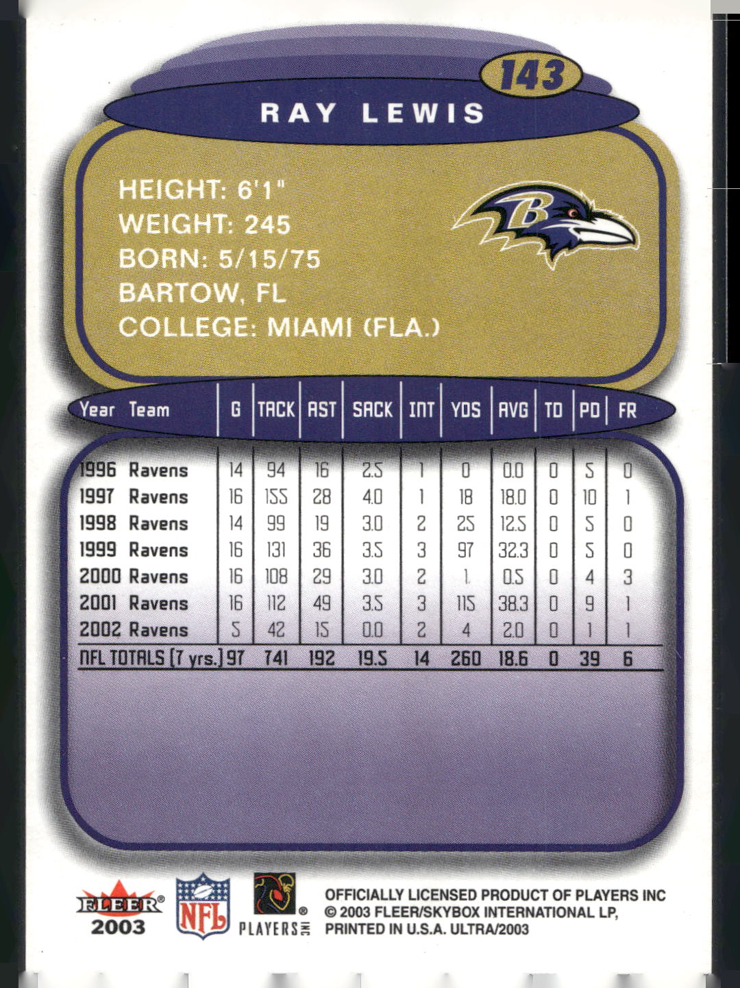 2003 Ultra #143 Ray Lewis