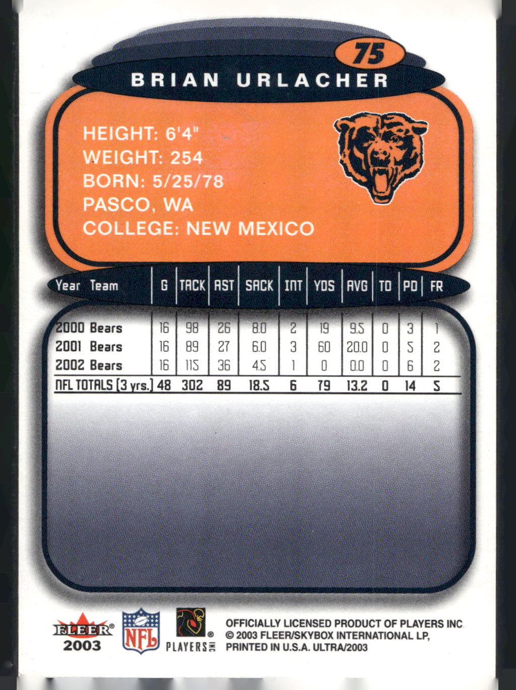 2003 Ultra #75 Brian Urlacher