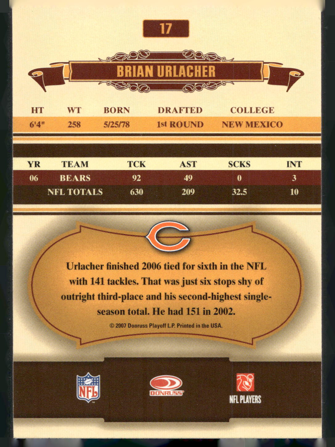 2007 Donruss Classics #17 Brian Urlacher