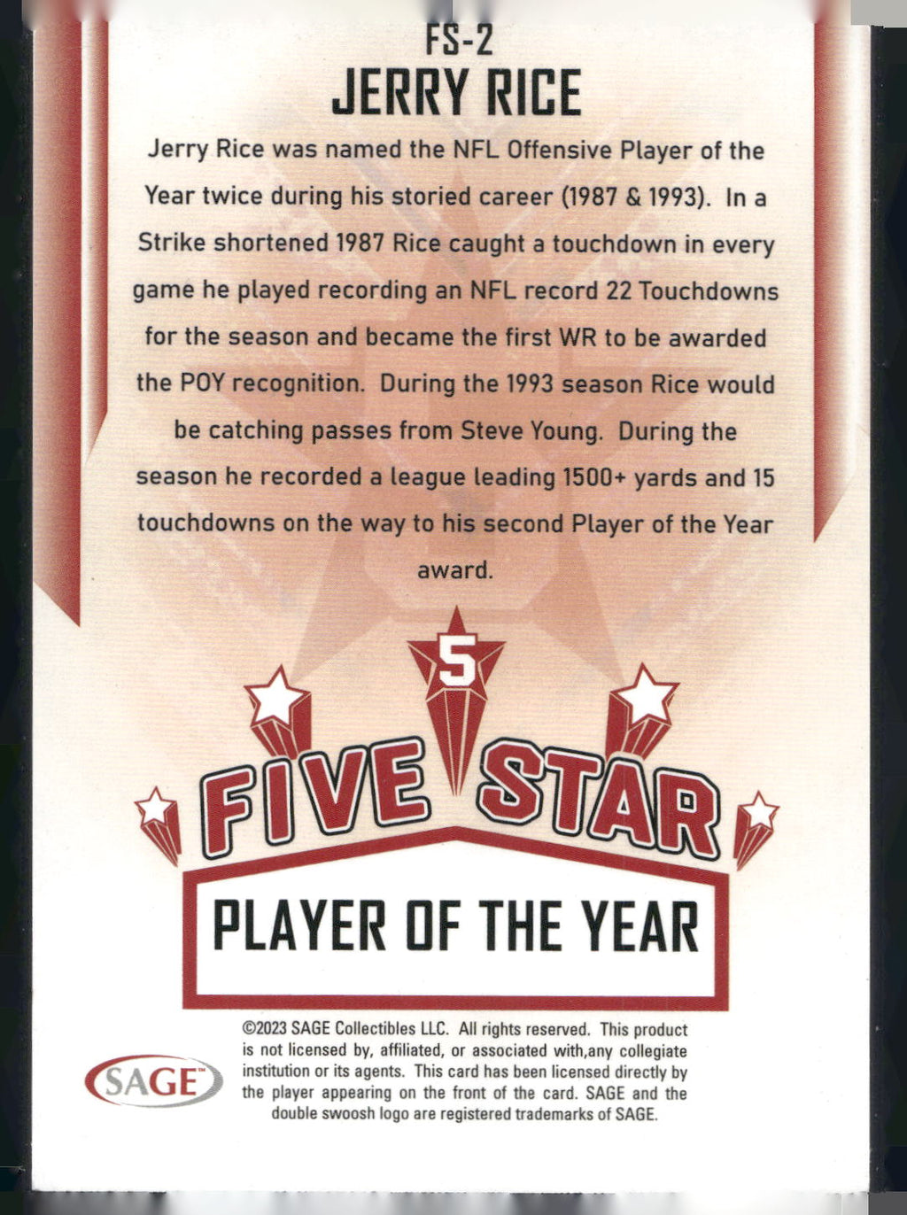 2023 SAGE HIT #FS-2 Jerry Rice Five Star Red
