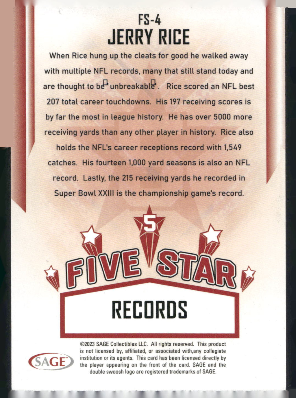 2023 SAGE HIT #FS-4 Jerry Rice Five Star Red