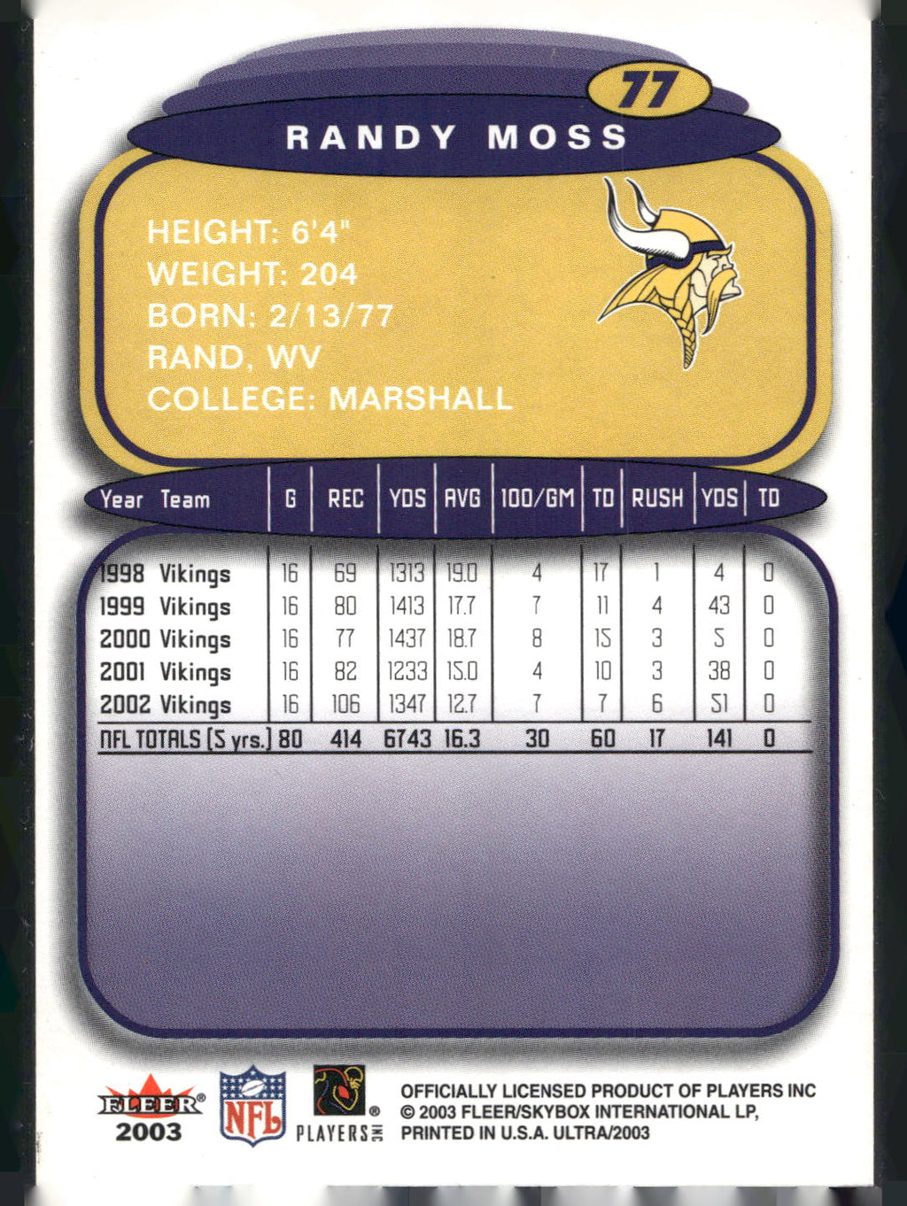 2003 Ultra #77 Randy Moss