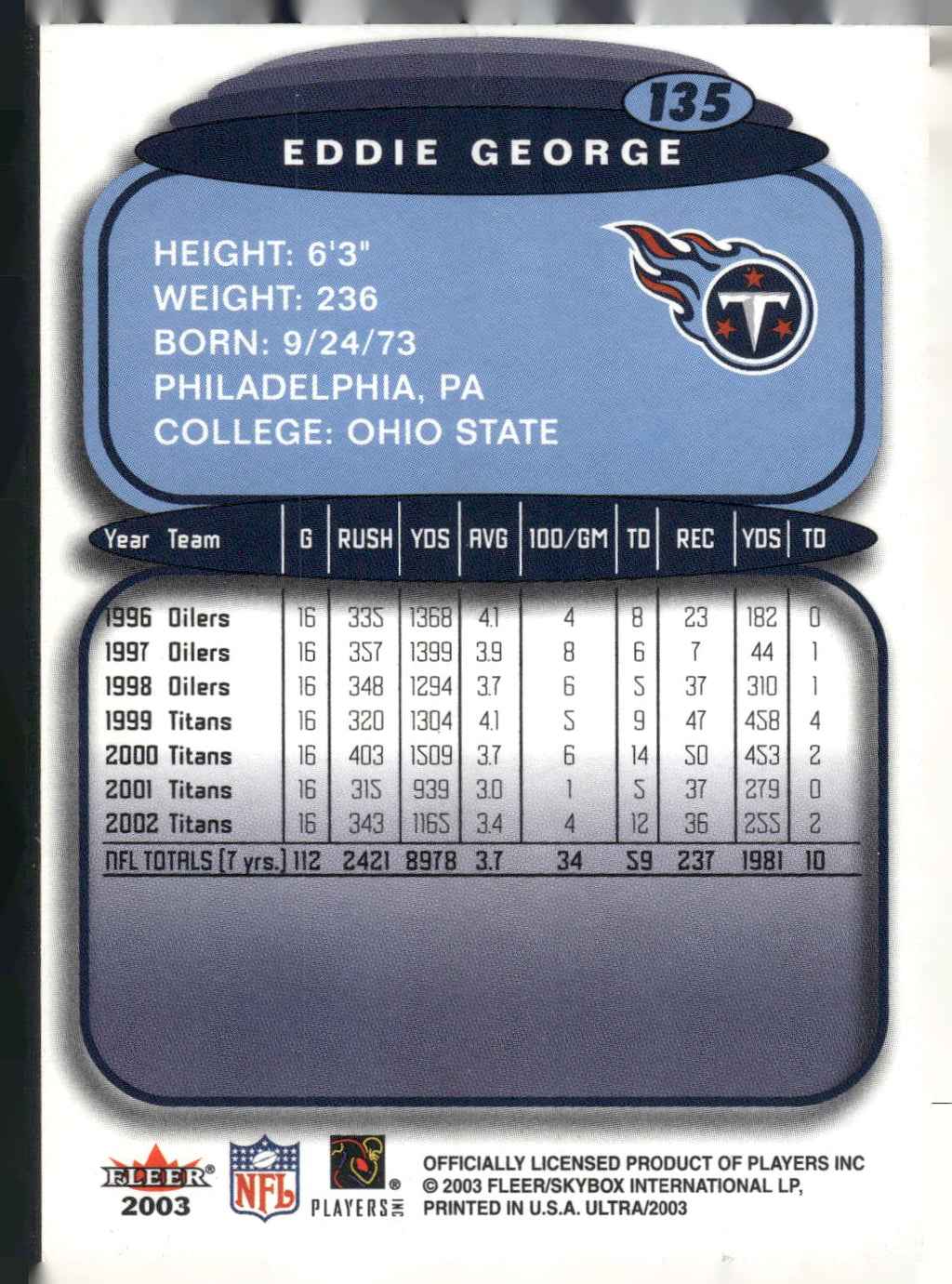 2003 Ultra #135 Eddie George