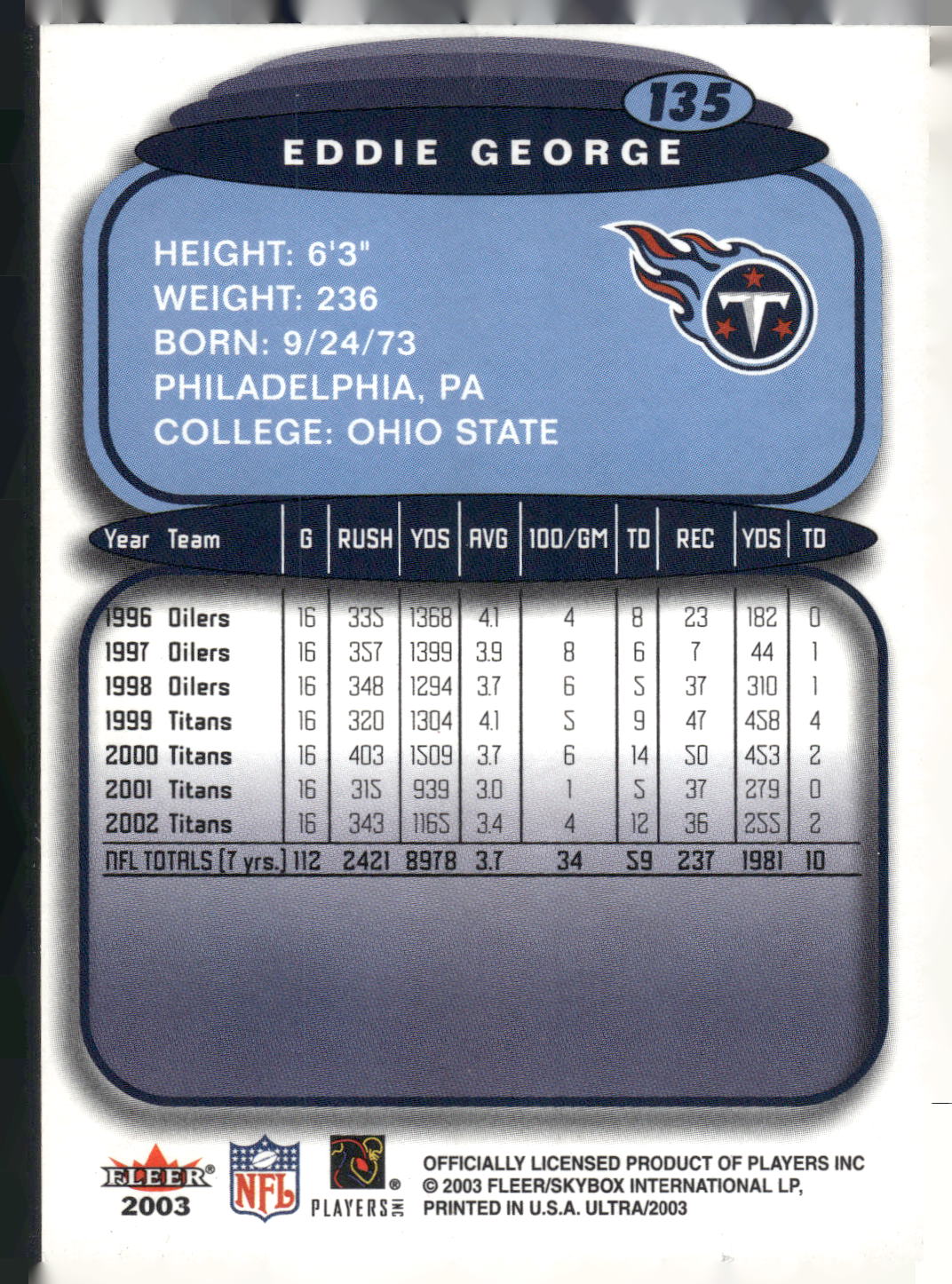 2003 Ultra #135 Eddie George