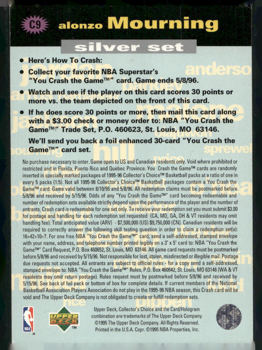 1995-96 Collector's Choice #C9 Alonzo Mourning You Crash the Game Silver