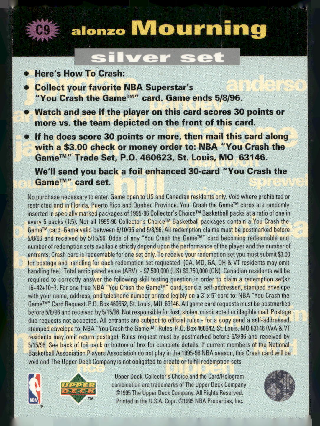 1995-96 Collector's Choice #C9 Alonzo Mourning You Crash the Game Silver
