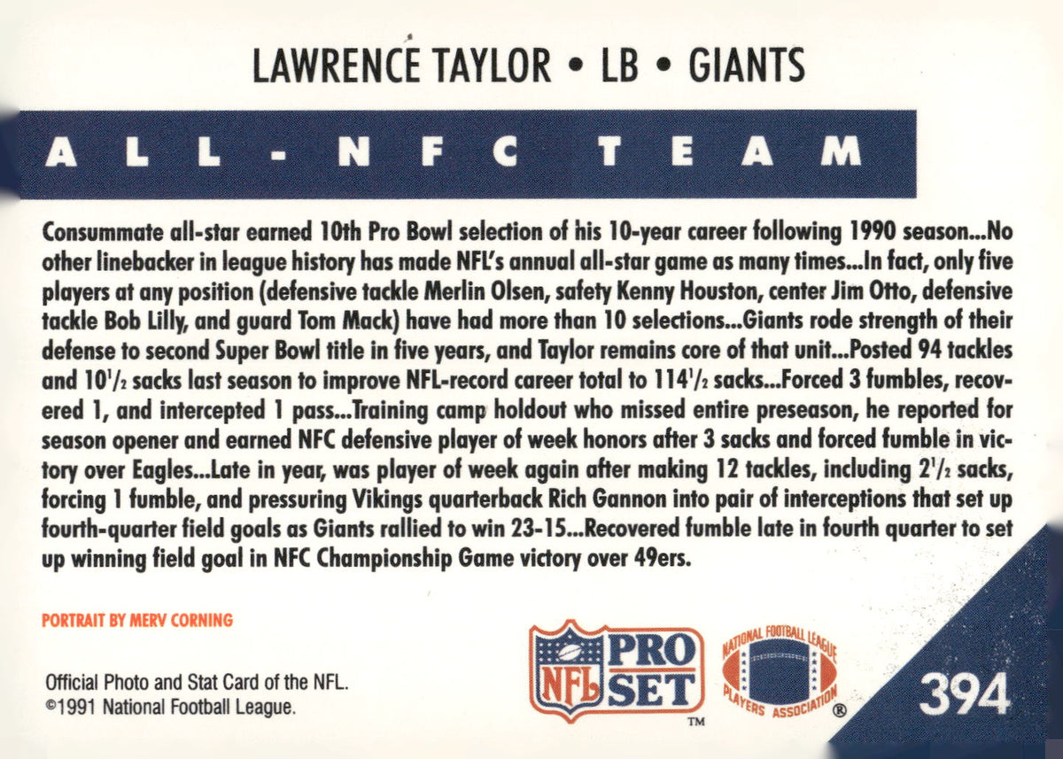 1991 Pro Set #394 Lawrence Taylor