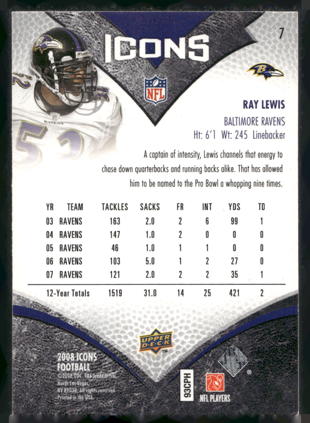 2008 Upper Deck Icons #7 Ray Lewis