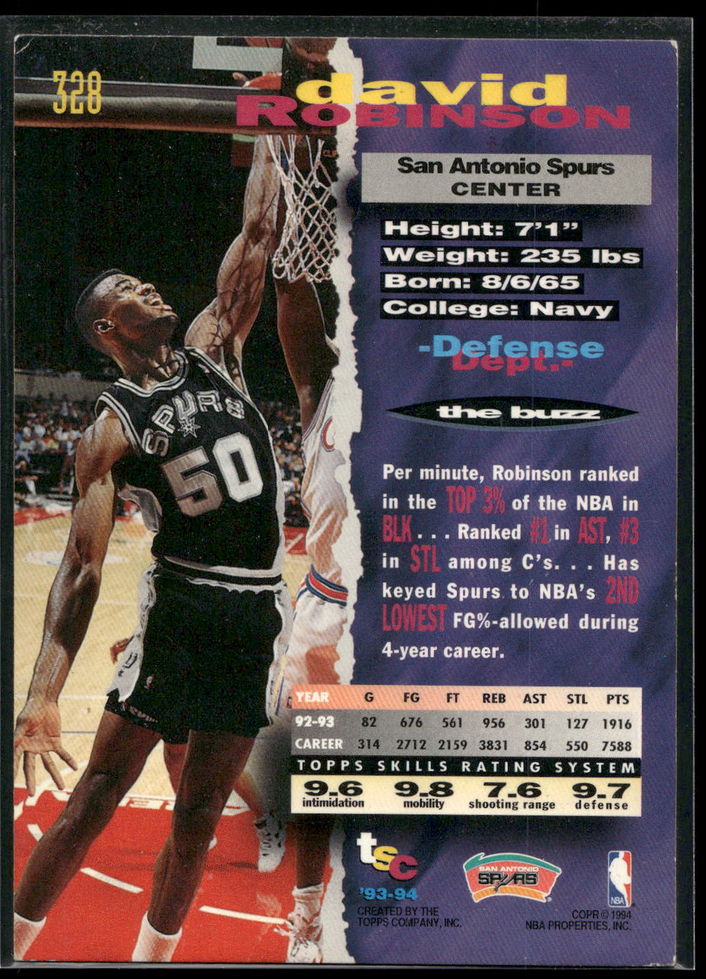 1993-94 Stadium Club #328 David Robinson First Day Issue