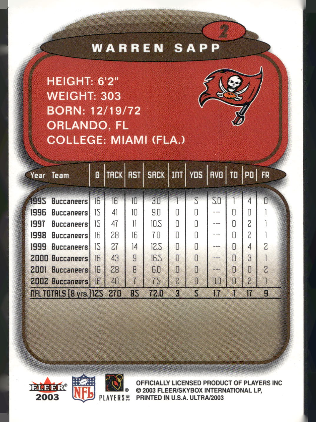 2003 Ultra #2 Warren Sapp