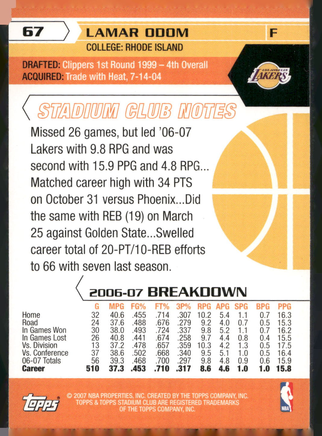2007-08 Stadium Club #67 Lamar Odom