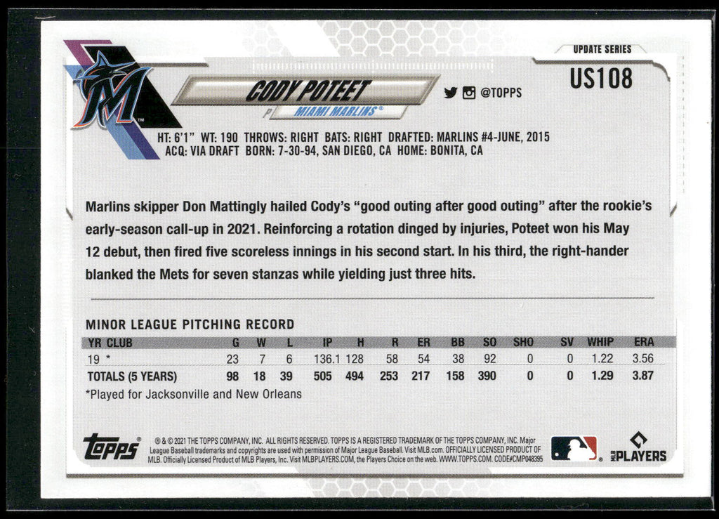 2021 Topps Update #US108 Cody Poteet