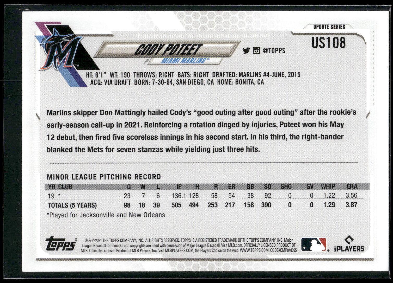 2021 Topps Update #US108 Cody Poteet