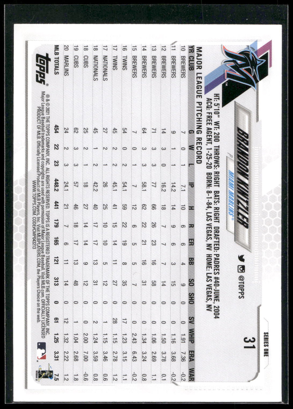 2021 Topps #31 Brandon Kintzler