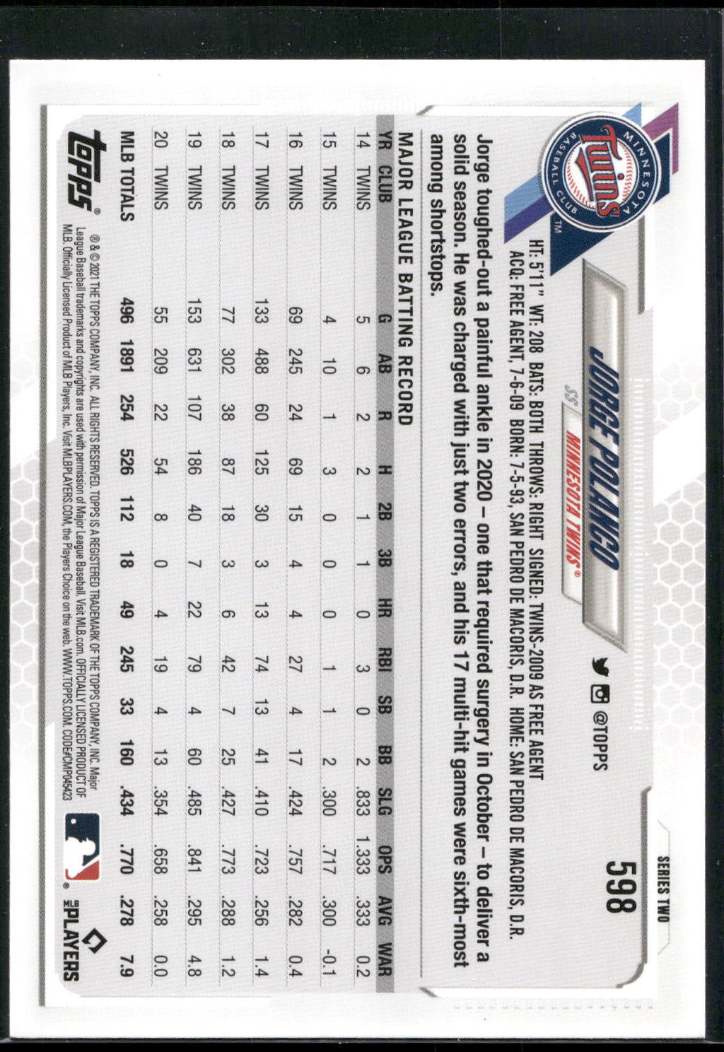 2021 Topps #598 Jorge Polanco