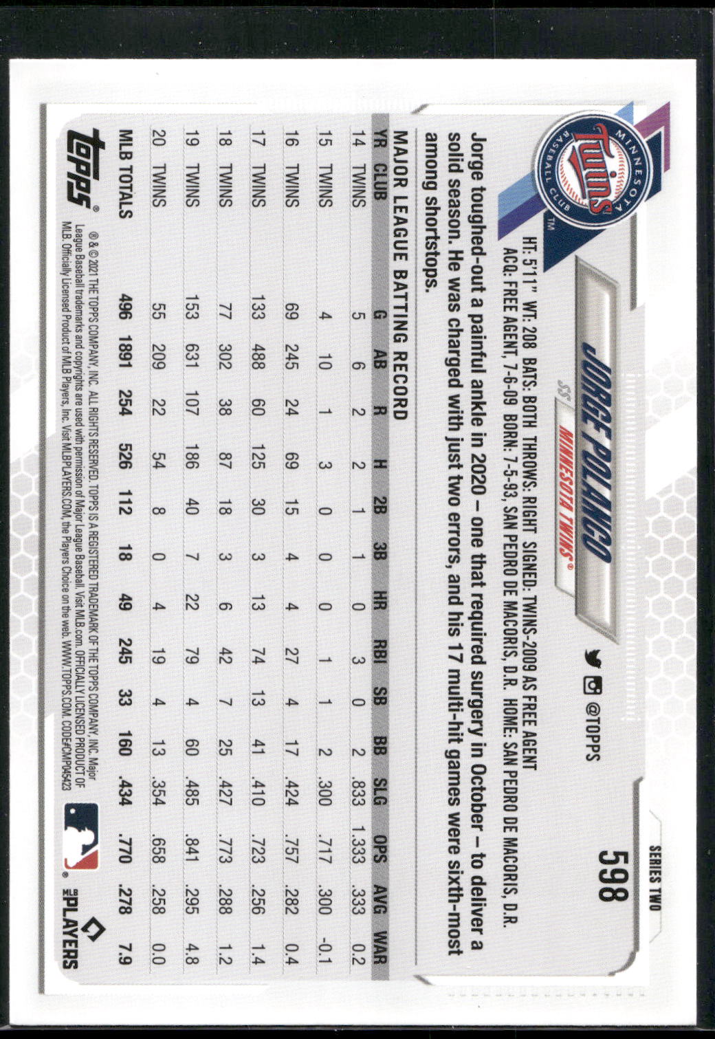2021 Topps #598 Jorge Polanco