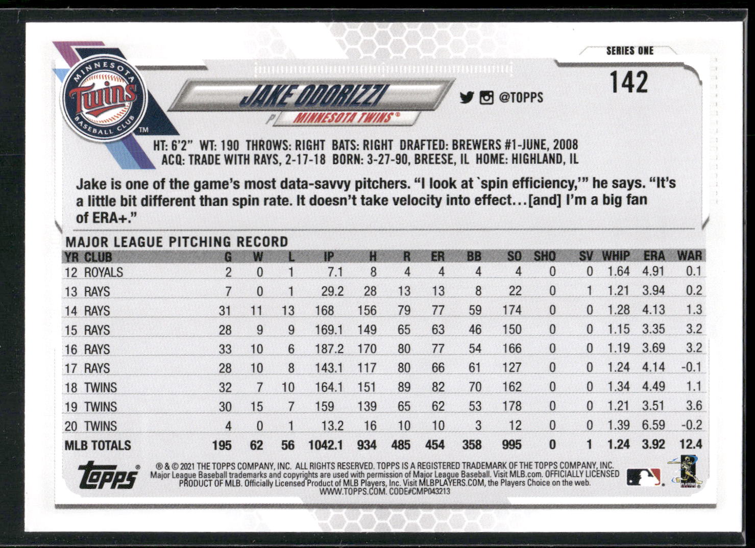 2021 Topps #142 Jake Odorizzi