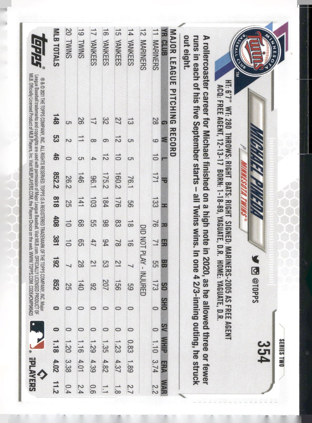 2021 Topps #354 Michael Pineda