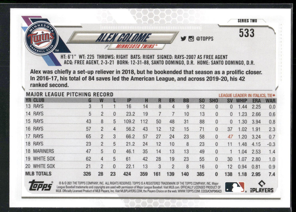 2021 Topps #533 Alex Colome