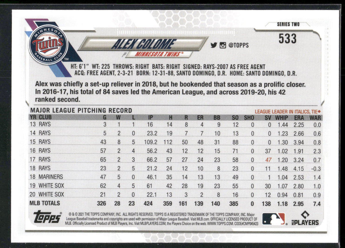 2021 Topps #533 Alex Colome