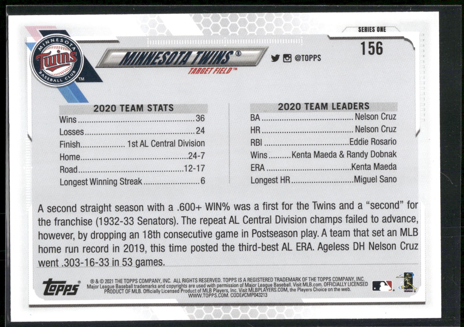 2021 Topps #156 Minnesota Twins