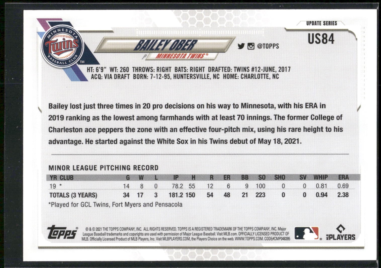 2021 Topps Update #US84 Bailey Ober