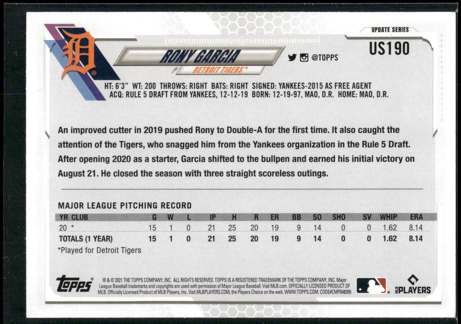 2021 Topps Update #US190 Rony Garcia