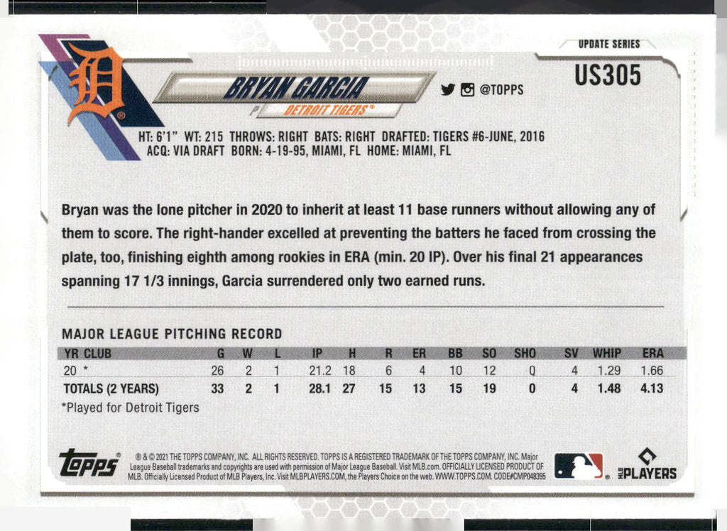 2021 Topps Update #US305 Bryan Garcia