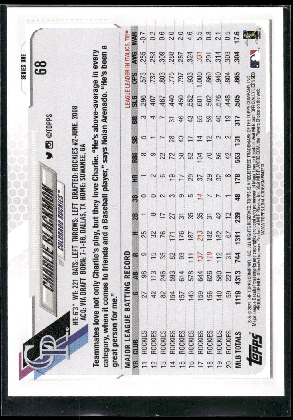 2021 Topps #68a Charlie Blackmon