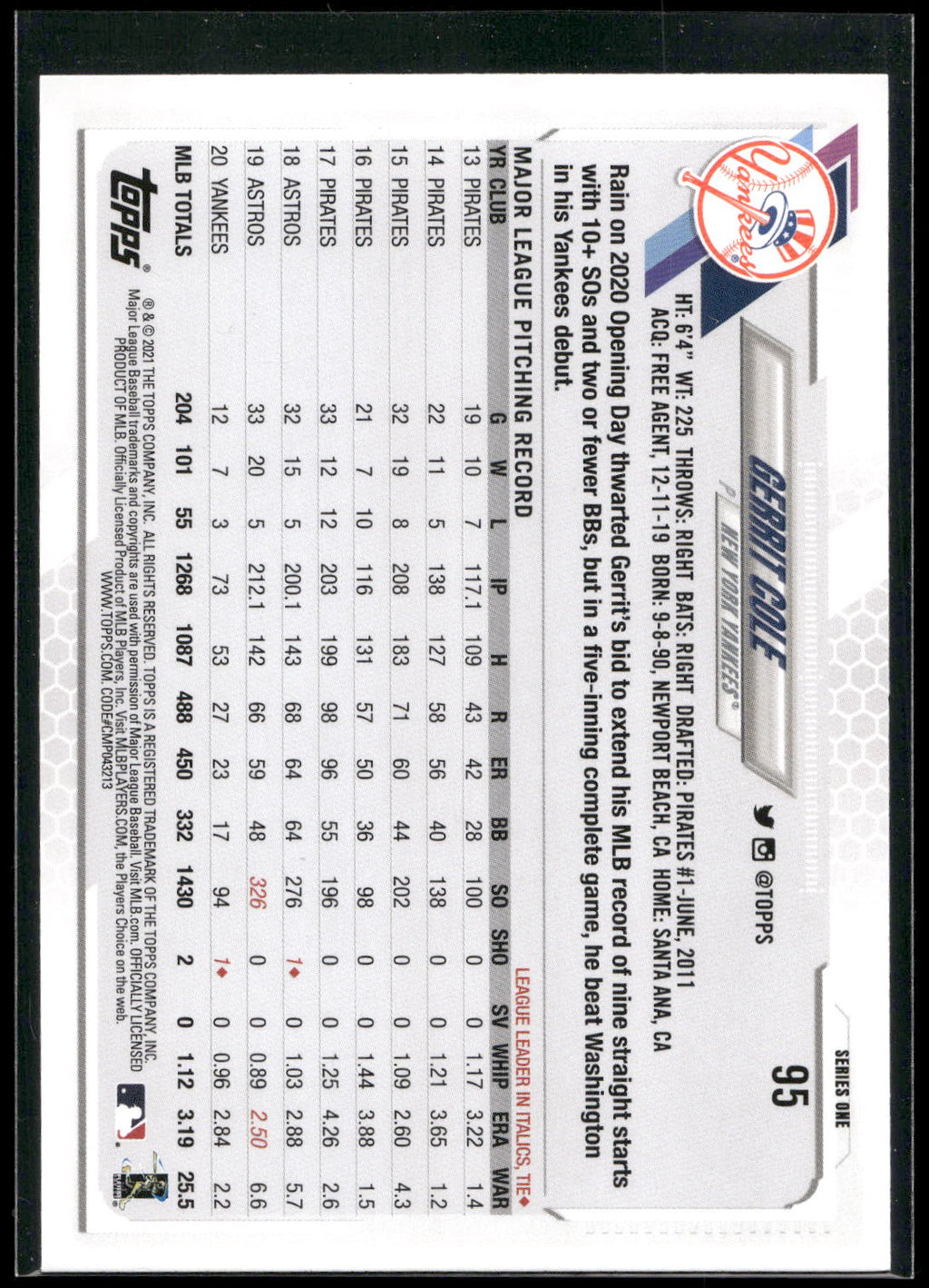 2021 Topps #95 Gerrit Cole