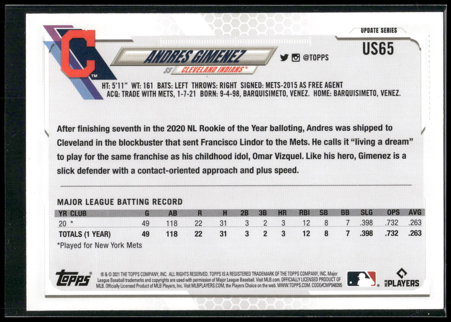 2021 Topps Update #US65 Andres Gimenez