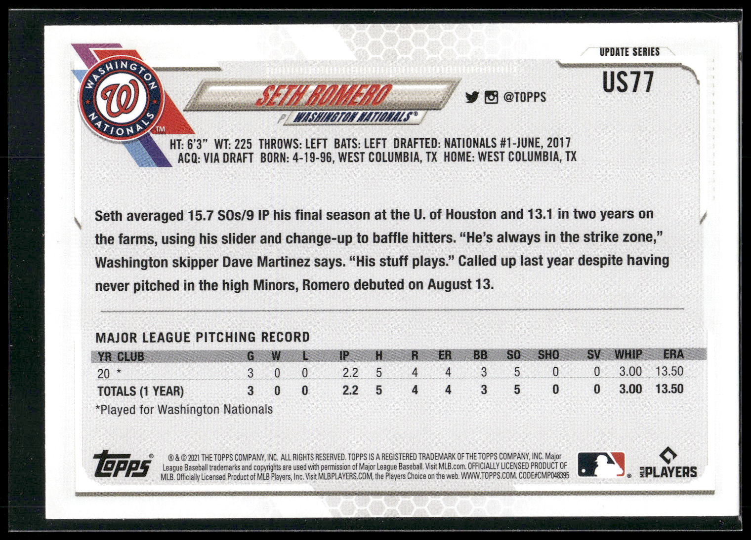 2021 Topps Update #US77 Seth Romero