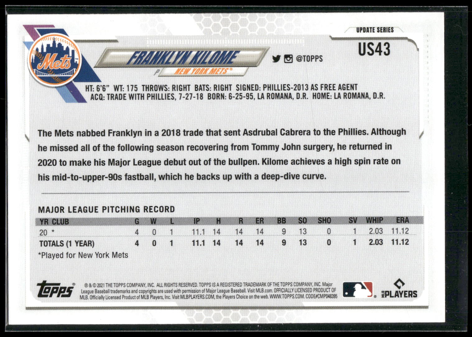 2021 Topps Update #US43 Franklyn Kilome