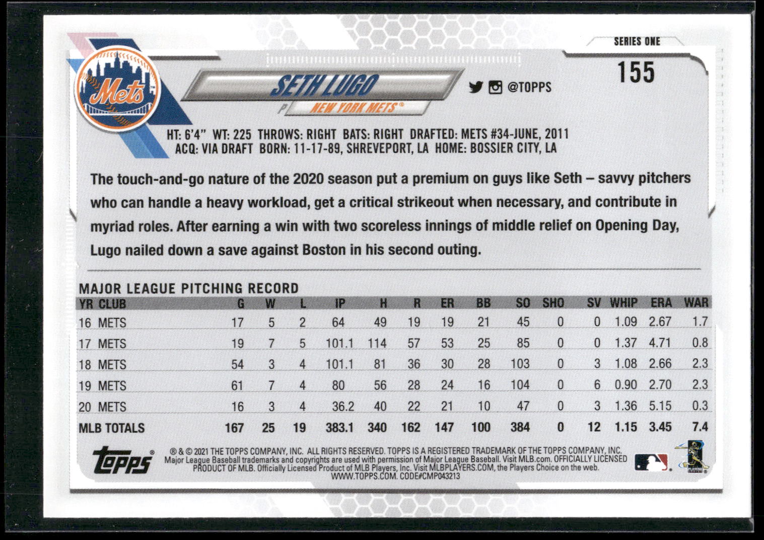 2021 Topps #155 Seth Lugo